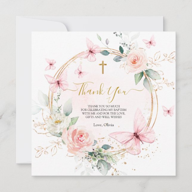 Pink Floral Butterfly Taufe Christening Dankeskarte (Vorderseite)