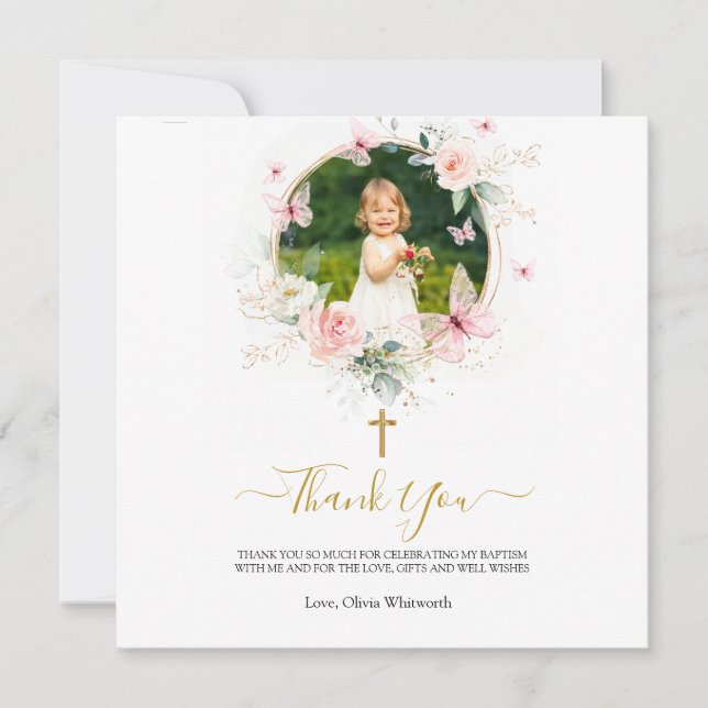 Pink Floral Butterfly Taufe Christening Dankeskarte (Vorderseite)