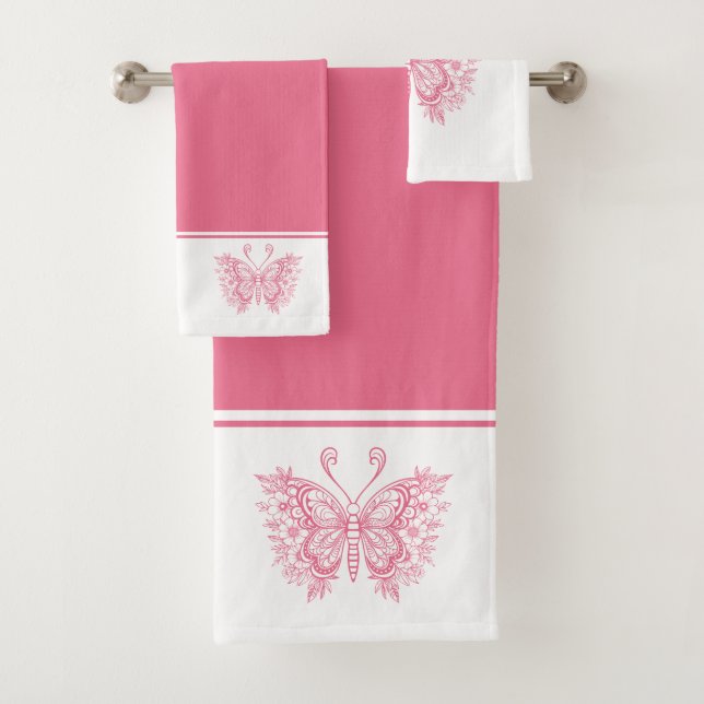 Pink floral butterflys pink and white background badhandtuch set (Insitu)