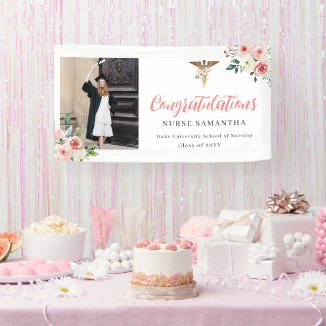 Pink Floral Caduseus Herzlichen Glückwunsch Nurse  Banner (Party)