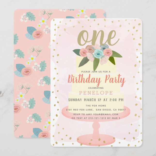 Pink Floral Cake Girl 1. Geburtstag Einladung (Vorne/Hinten)