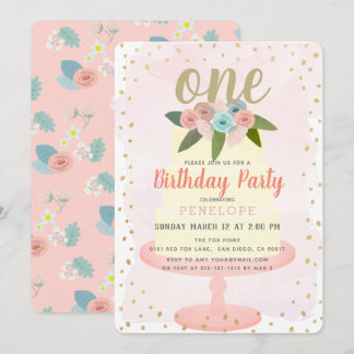 Pink Floral Cake Girl 1. Geburtstag Einladung
