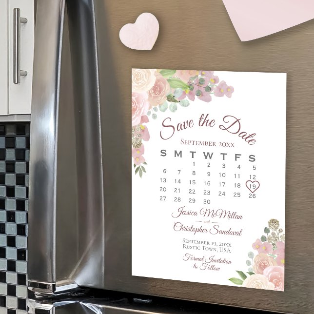 Pink Floral Calendar Wedding Save the Date Magnet (Von Creator hochgeladen)