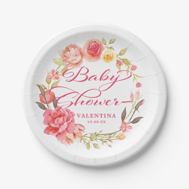 Pink Floral Calligraphy Girly Baby Shooter Pappteller (Vorderseite)