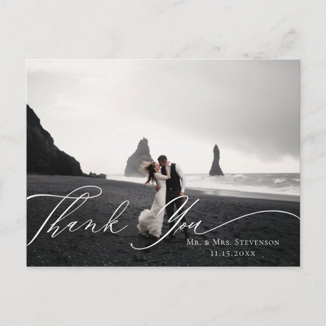 Pink Floral Calligraphy Wedding Foto Vielen Dank Postkarte (Vorderseite)