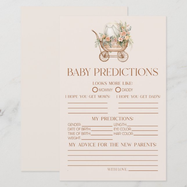 Pink Floral Carriage Baby Shower Predictions Spiel (Vorne/Hinten)