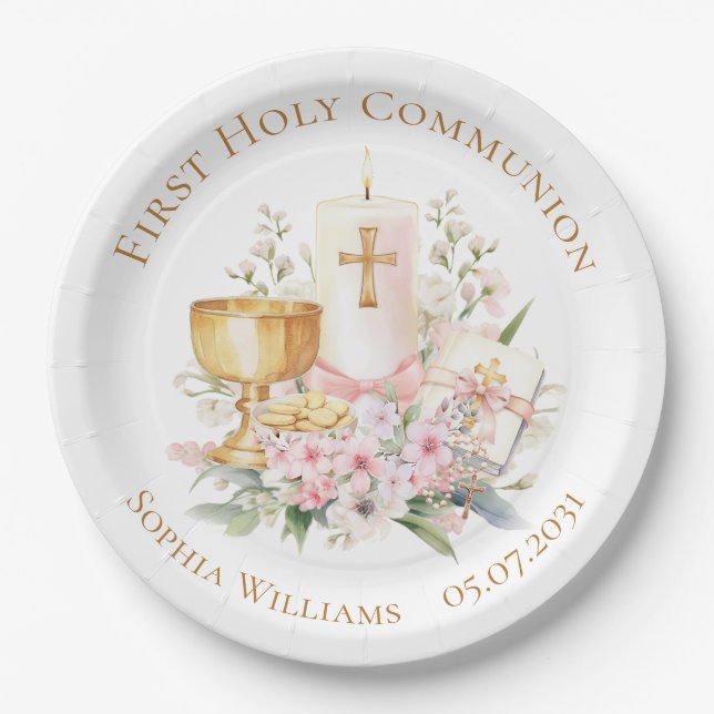 Pink Floral Chalice First Holy Communion  Pappteller (Vorderseite)