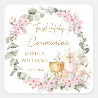 Pink Floral Chalice First Holy Communion Sticker