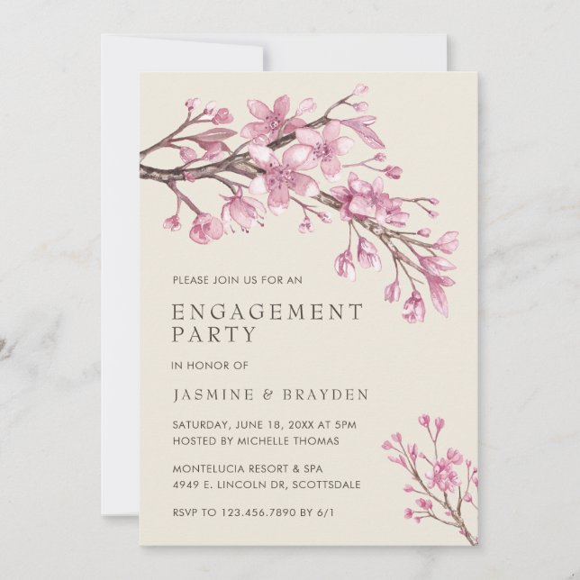 Pink Floral Cherry Blossom Engagement Partei Einladung (Vorderseite)