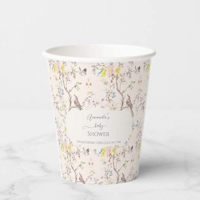 Pink Floral Chinoiserie Babydusche Pappbecher (Vorderseite)