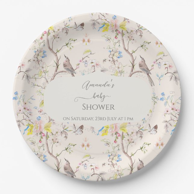 Pink Floral Chinoiserie Babydusche Pappteller (Vorderseite)