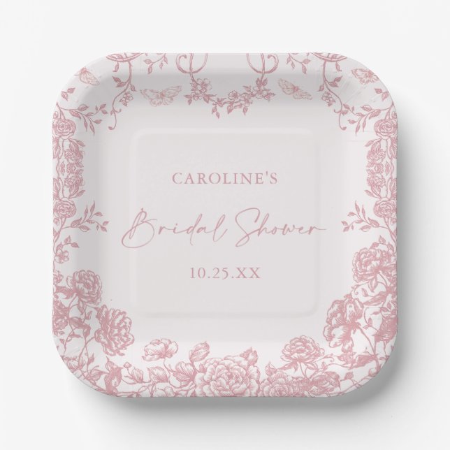 Pink Floral Chinoiserie Brautparty Papier Teller (Vorderseite)