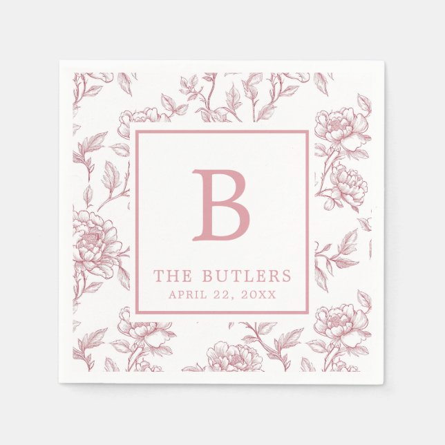 Pink Floral Chinoiserie Initial Wedding Napkins Serviette (Vorderseite)