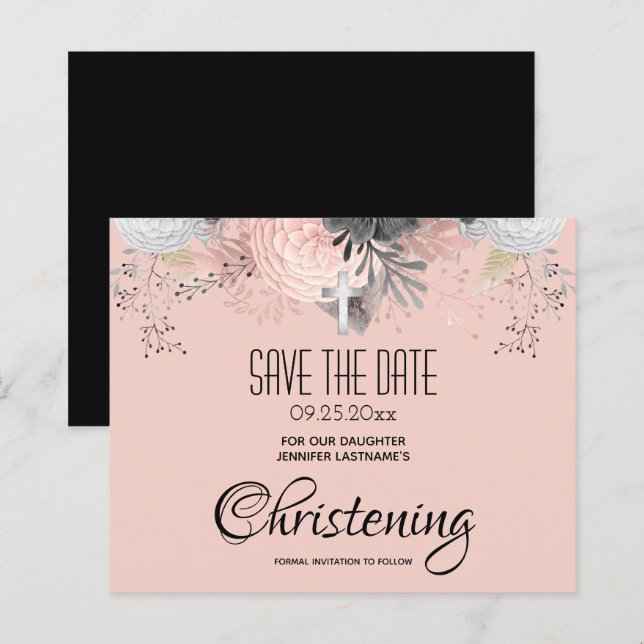 Pink Floral Christening Save the Date Haushalt (Vorne/Hinten)