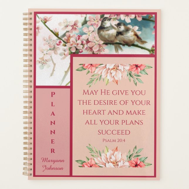 Pink Floral Christian Planner avec oiseaux (Devant)