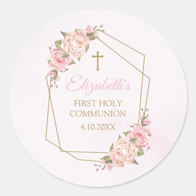Pink Floral Communion Calcomanía Runder Aufkleber (Vorderseite)