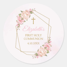 Pink Floral Communion Calcomanía Runder Aufkleber