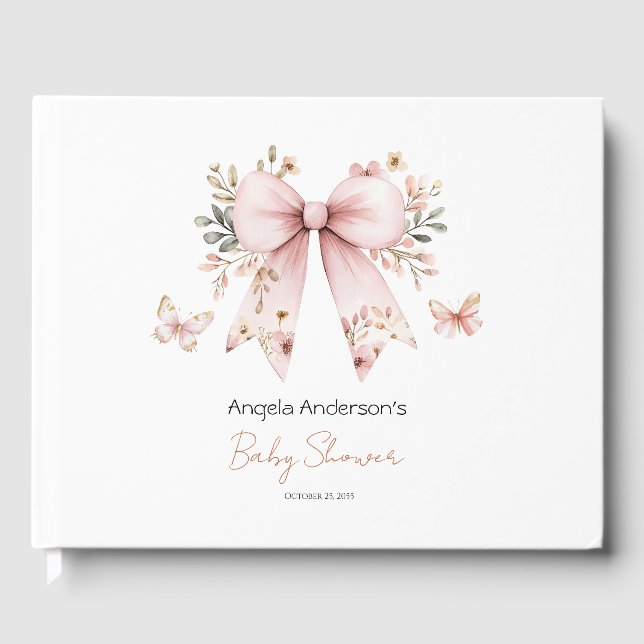 Pink Floral Coquette Bow Baby Dusche Gästebuch (Vorderseite)
