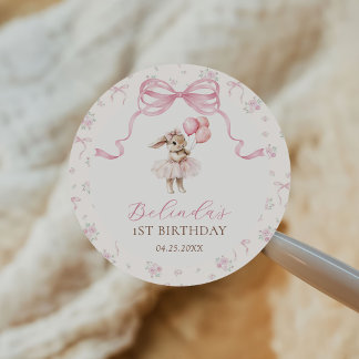Pink Floral Coquette Bow Bunny 1st Birthday Runder Aufkleber