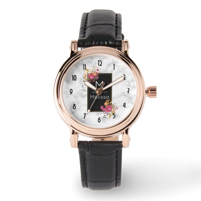 Pink Floral Corner Bouquets auf schwarzen Rahmen C Armbanduhr (Vorderseite)