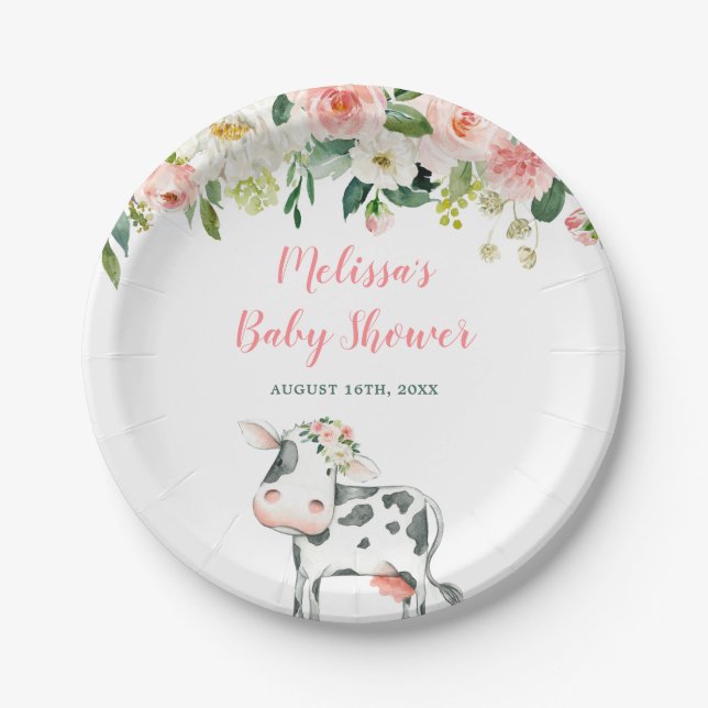 Pink Floral Cow Girl Babydusche Pappteller (Vorderseite)