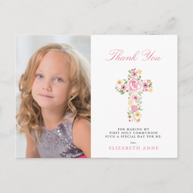 Pink Floral Cross Erste Heilige Kommune Vielen Dan Postkarte (Vorderseite)
