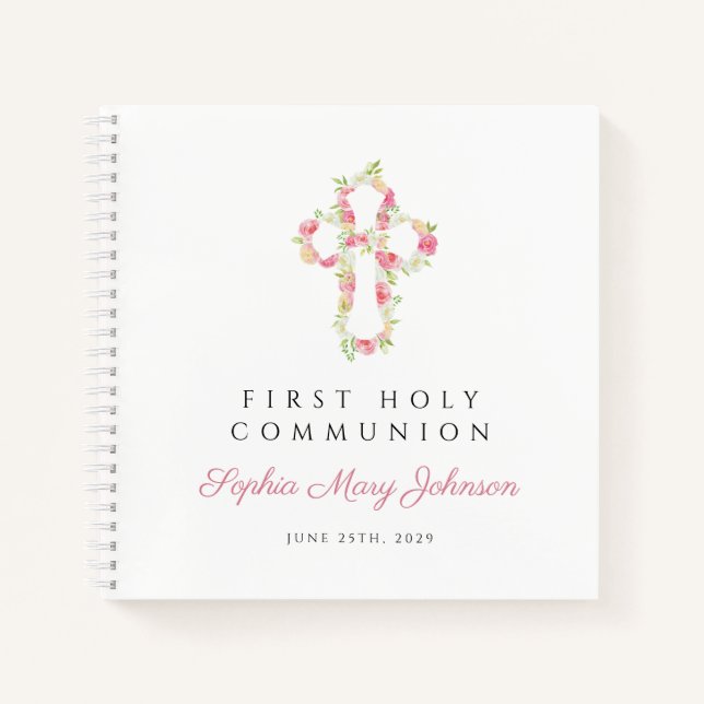 Pink Floral Cross First Communityguestbook Notizbuch (Vorderseite)