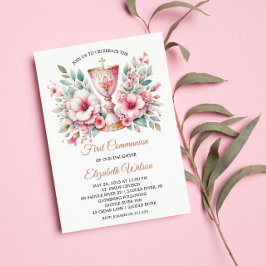 Pink Floral Cup First Heilige Kommunion Girl Einladung