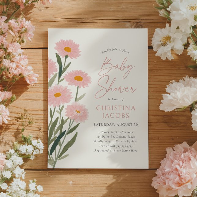 Pink Floral Daisy Baby in Bloom Baby Dusche Einladung (Von Creator hochgeladen)