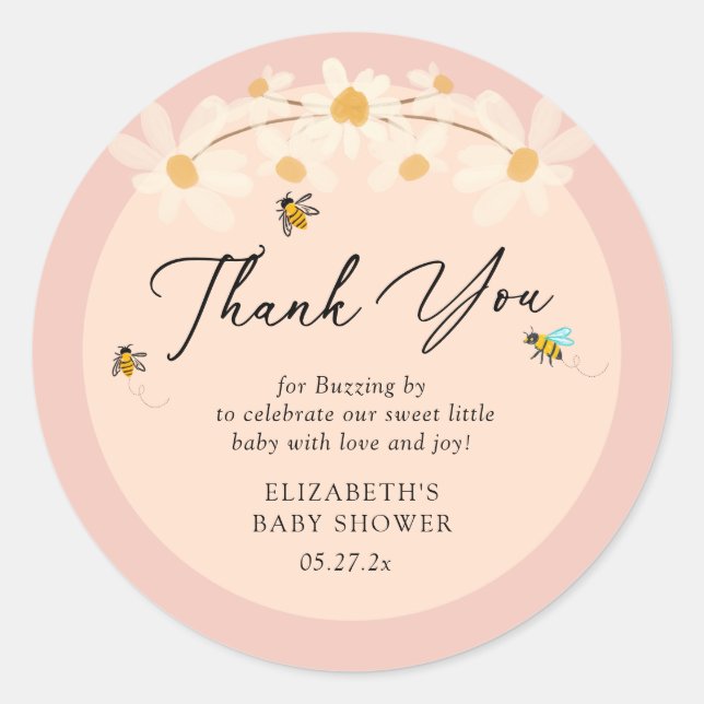 Pink Floral Daisy Bees Baby Dusche Danke Runder Aufkleber (Vorderseite)