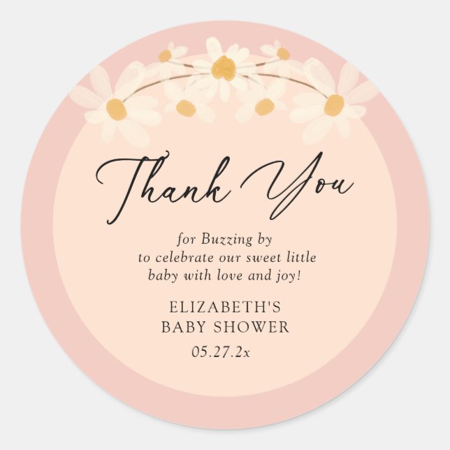 Pink Floral Daisy Bees Baby Dusche Danke Runder Aufkleber (Vorderseite)