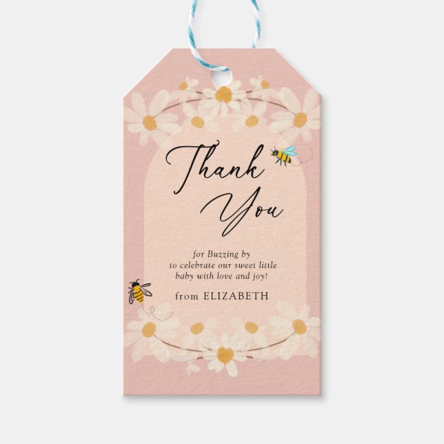 Pink Floral Daisy Bees Baby Dusche Geschenkanhänger (Vorderseite)