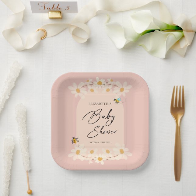 Pink Floral Daisy Bees Baby Dusche Pappteller (Hochzeit)
