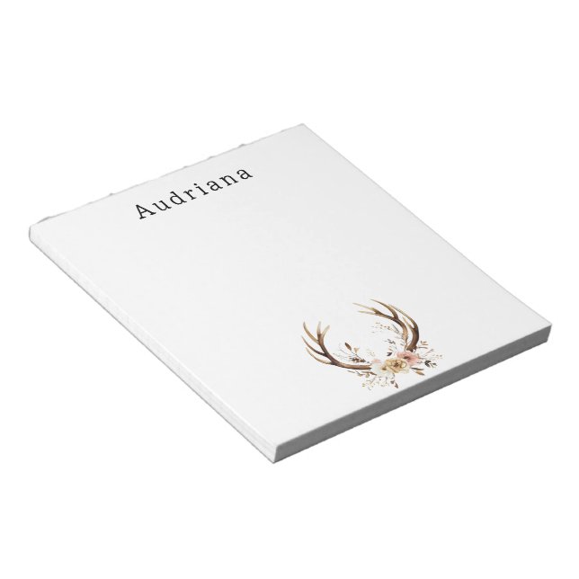 Pink Floral Deer Antler Personalisierter Name Notizblock (angewinkelt)