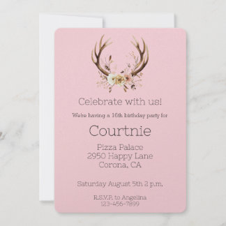 Pink Floral Deer Antlers Western Cowgirl Birthday Einladung