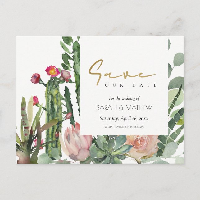 PINK FLORAL DESERT CACTI FOLIAGE SAVE THE DATE ANKÜNDIGUNGSPOSTKARTE (Vorderseite)