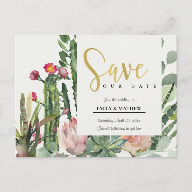 PINK FLORAL DESERT CACTI FOLIAGE SAVE THE DATE ANKÜNDIGUNGSPOSTKARTE (Vorderseite)