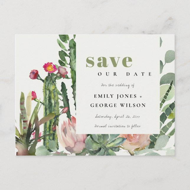 PINK FLORAL DESERT CACTI FOLIAGE SAVE THE DATE ANKÜNDIGUNGSPOSTKARTE (Vorderseite)