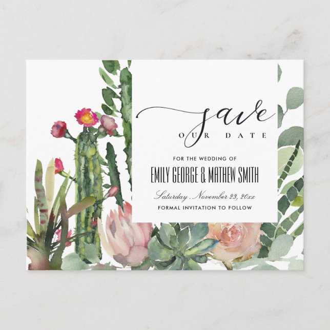 PINK FLORAL DESERT CACTI FOLIAGE SAVE THE DATE ANKÜNDIGUNGSPOSTKARTE (Vorderseite)