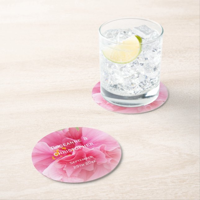 Pink Floral Design Wedding Runder Pappuntersetzer (Vor Ort)