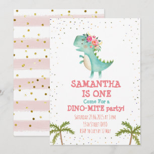 Pink Floral Dino Premier Invitation de fête d'anni