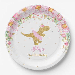 Pink Floral Dinosaur Geburtstagsparty T-Rex 9" Pappteller