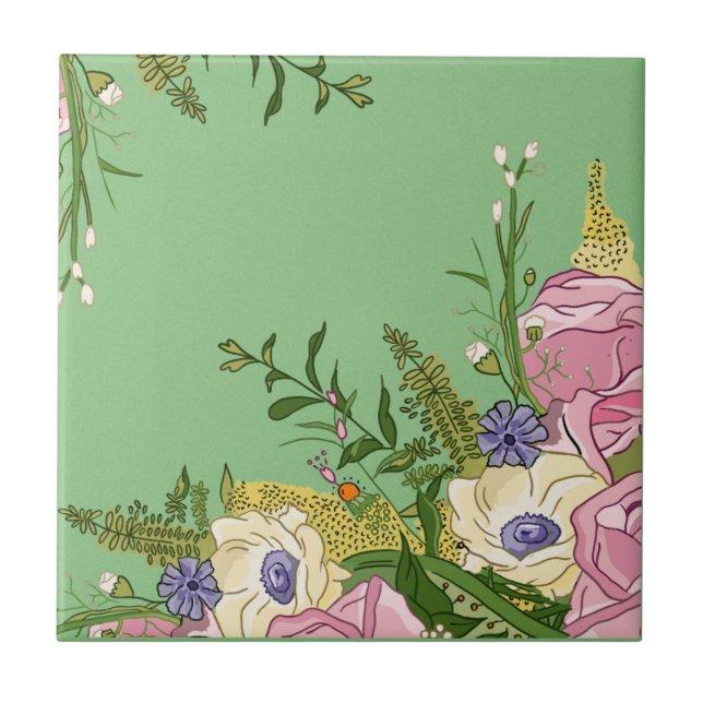 Pink Floral Doodle Illustration Fliese (Vorderseite)