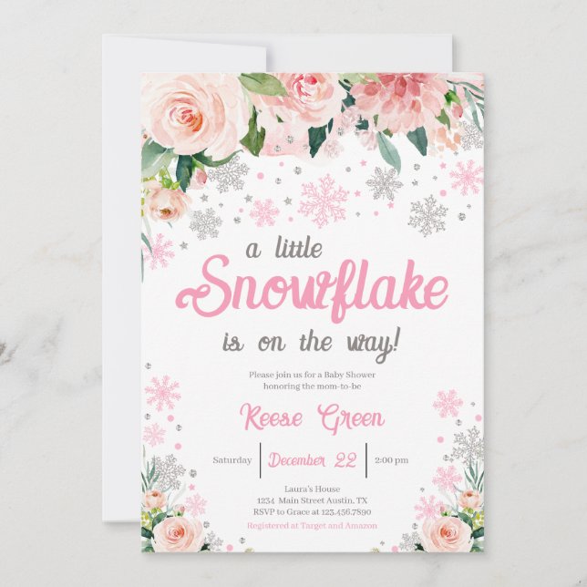 Pink Floral Eine kleine Schneeflocke Babydusche Einladung (Vorderseite)