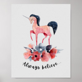 Pink Floral Einhorn Girl's bedroom Wall Art Poster