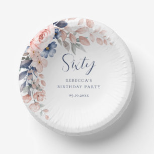 Pink Floral Elegant Script 60. Geburtstag Pappteller