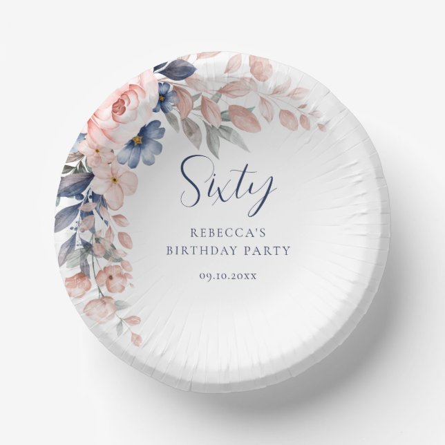 Pink Floral Elegant Script 60. Geburtstag Pappteller (Vorderseite)