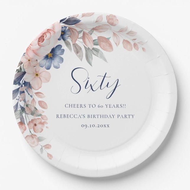 Pink Floral Elegant Script 60. Geburtstag Pappteller (Vorderseite)