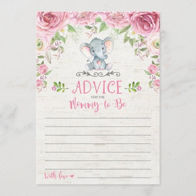 Pink Floral Elephant Advice Card Kinderduschenspie Hinweiskarte (Vorderseite)