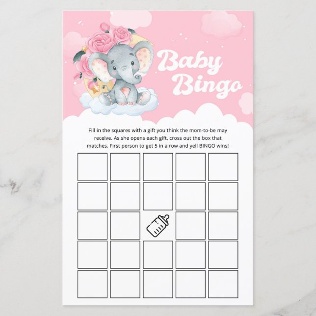 Pink Floral Elephant Baby Dusche Bingo Spiel (Vorderseite)